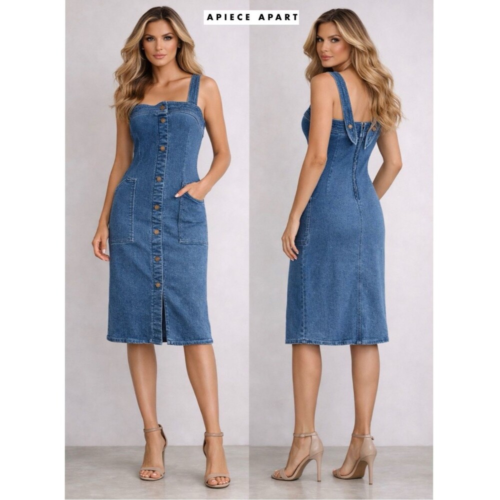 Apiece Apart Arta Marseille Denim Button Front Tank Overall Dress Blue Stretch 2